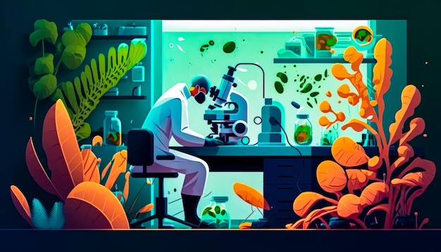 Foto homem sentado em uma mesa na frente de um microscópio cheio de plantas