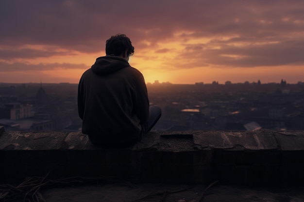 Homem sentado na beira de uma mesa de madeira olhando o pôr do sol gerado por IA