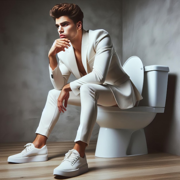Homem sentado na casa de banho