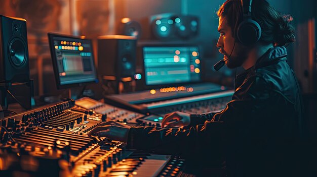 Homem sentado na frente da mesa de mistura controlando o equipamento de áudio