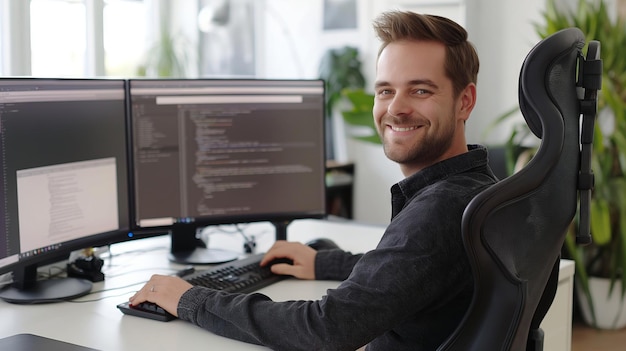 Foto homem sentado na frente de dois monitores de computador