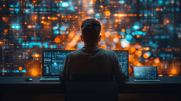 Foto homem sentado na frente de um computador portátil com ia generativa