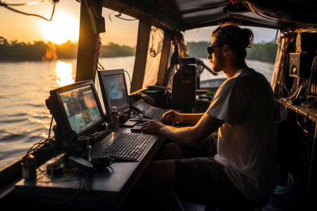 Foto homem sentado na mesa no barco enquanto escreve no laptop generativo ai