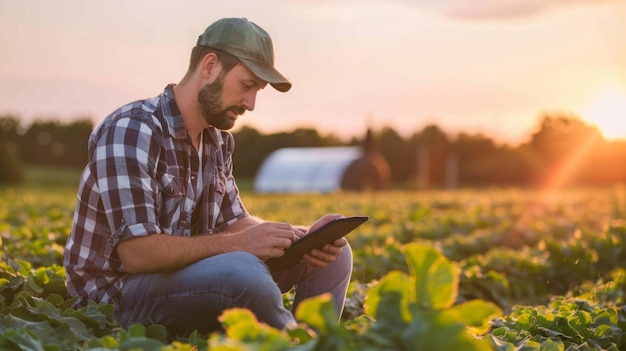 Homem sentado no campo usando um tablet