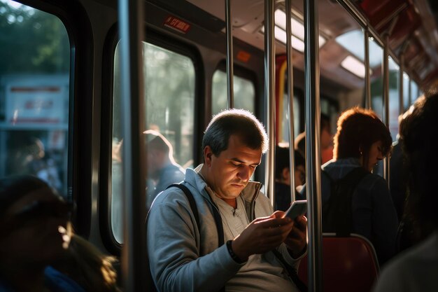 Homem sentado no ônibus usando telefone celular
