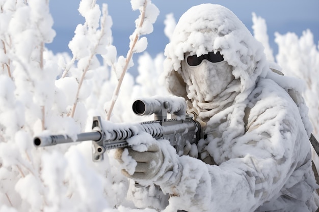 Foto homem-sniper militar apontando com rifle na floresta de inverno ai generativa