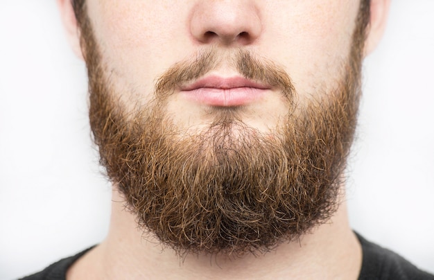 Homem sólido com barba e bigode. Closeup retrato de homem barbudo Atlético. Bonito homem barbudo elegante. Homem sexy, macho, barba longa. Hipster barbudo caucasiano atraente.