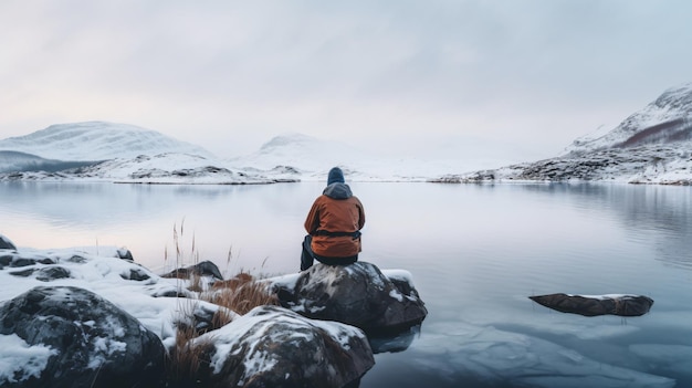 Homem solitário a pescar perca no inverno, um hobby.