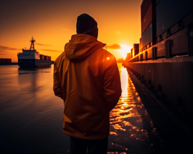 Homem solitário de costas para a câmera Homem olha para navios de carga cheios nas docas ao pôr do sol IA generativa