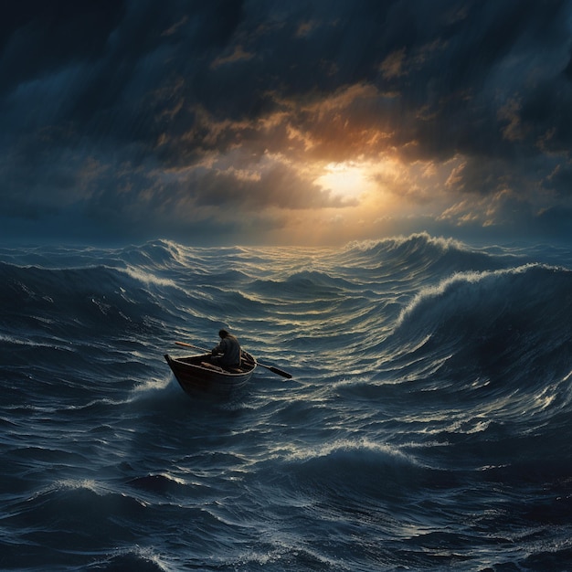 Homem solitário num barco de remos no oceano tempestuoso