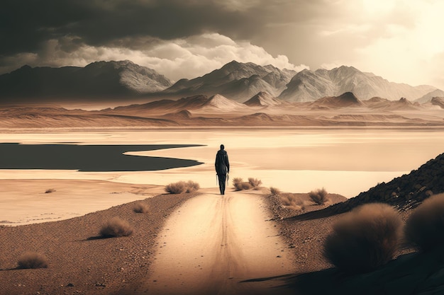 Homem solitário que caminhou da estrada até a margem do lago no deserto