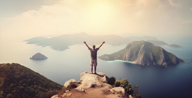 Homem solteiro com os braços levantados de pé no topo da montagem e olhando para o mar e ilhas hora do pôr do sol conceito de viagem cópia livre espaço AI gerado