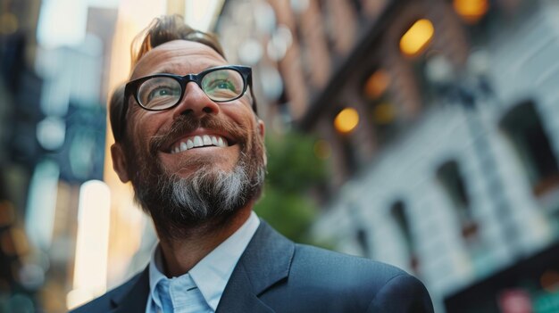 Foto homem sorridente com barba e óculos