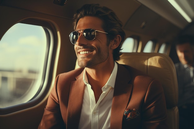 homem sorridente com barba e rosto confiante dentro do avião