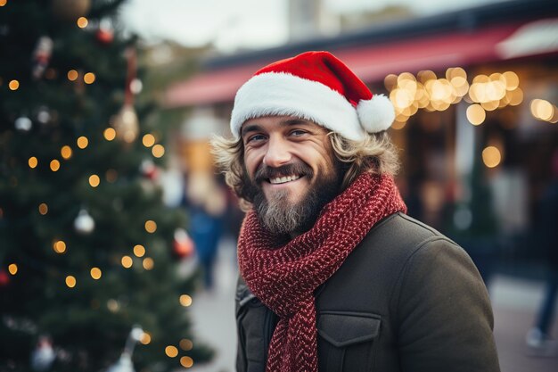 Homem sorridente com barba no mercado de Natal IA generativa