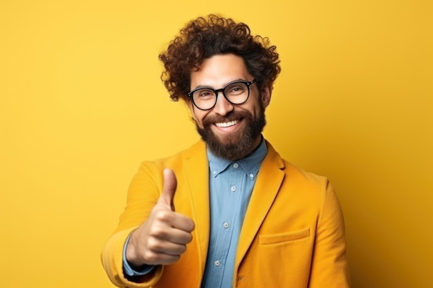 Homem sorridente com cabelo encaracolado e barba dando um polegar contra um fundo amarelo