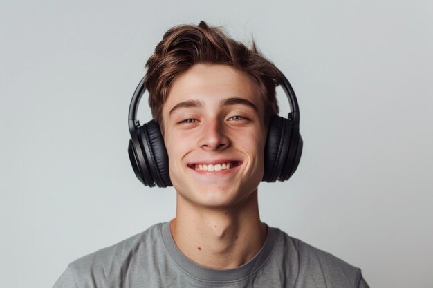 Homem sorridente com fones de ouvido em fundo branco