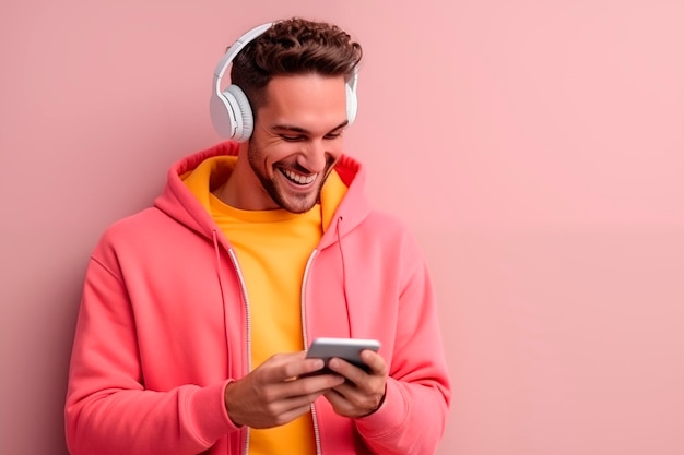 Foto homem sorridente com fones de ouvido vestindo roupas coloridas usando smartphone na frente da parede rosa