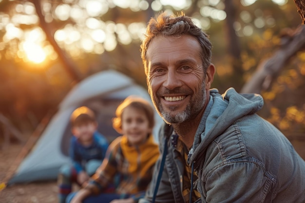 Homem sorridente com sua família no acampamento