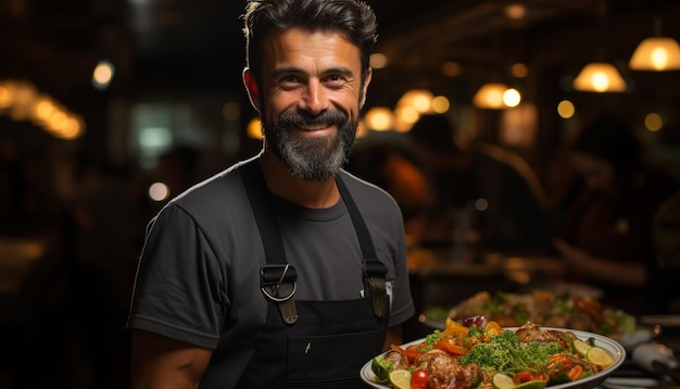 Homem sorridente cozinhando comida confiante e feliz gerado por inteligência artificial