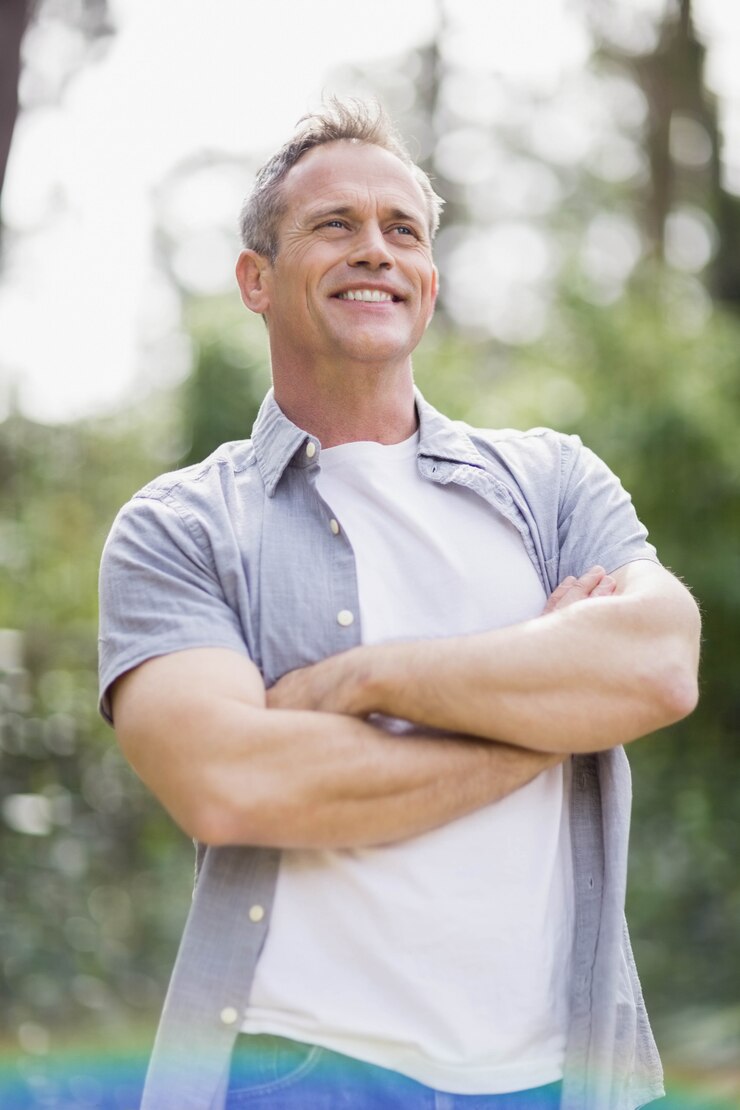 Foto homem sorridente, cruzando seus braços, exterior