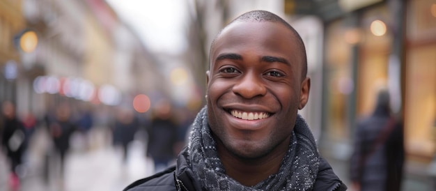 Foto homem sorridente de lenço e boné de pé numa rua da cidade