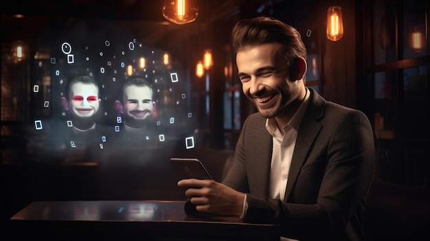 Homem sorridente de tiro médio de foto em encontro virtual