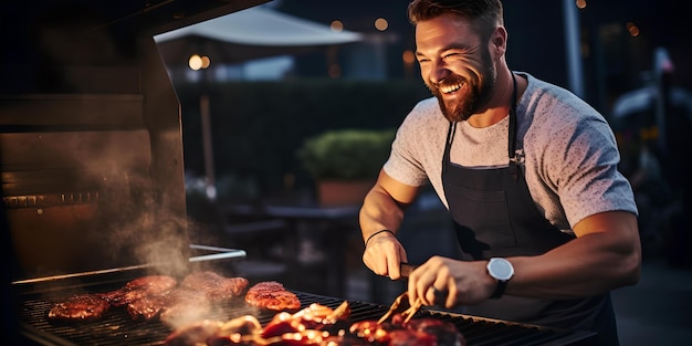 Homem sorridente desfrutando de churrasco grelhando ao anoitecer casa ao ar livre cozinhando deliciosos momentos de estilo de vida casual atmosfera relaxada ia