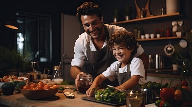 Homem sorridente e criança cozinhando juntos na cozinha no Dia do Pai