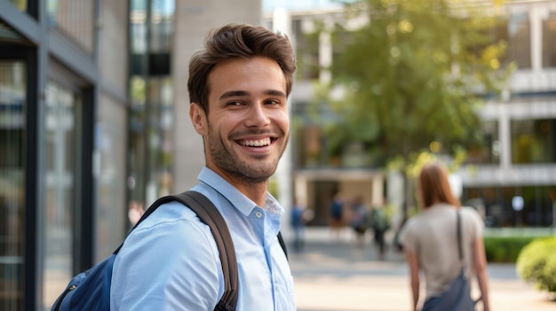 Homem sorridente em negócios casual alegremente cumprimenta colega fora de escritório moderna vida em movimento cara acenando para um amigo