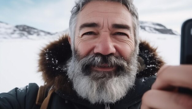 Homem sorridente em roupas quentes desfruta de aventura de inverno em montanhas geradas por inteligência artificial