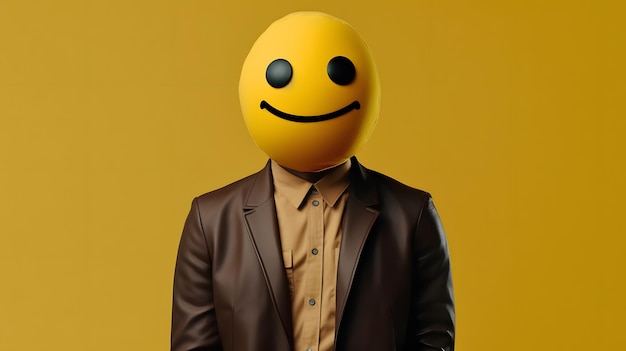 Homem sorridente em terno estilo emoji com expressão presunçosa e sorriso relaxado no rosto