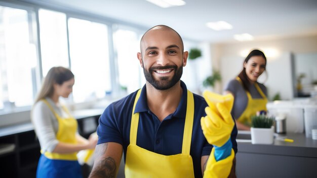 Foto homem sorridente em um uniforme de serviço de limpeza com colegas no fundo indicando uma equipe de limpeza profissional no trabalho