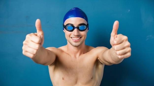 Homem sorridente feliz com óculos de natação mostrando o polegar para cima