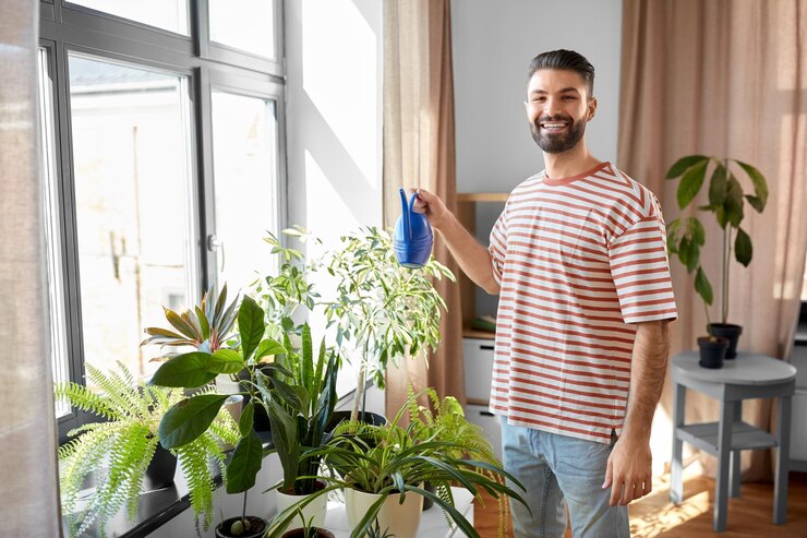 Foto homem sorridente feliz regando flores em casa