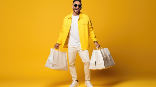 Homem sorridente feliz segurando sacolas de compras em fundo amarelo