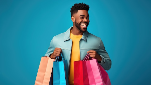 Foto homem sorridente feliz segurando sacolas de compras em fundo azul
