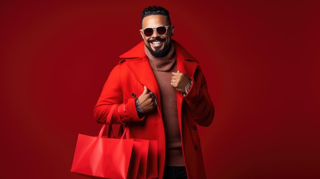 Homem sorridente feliz segurando sacolas de compras em fundo vermelho