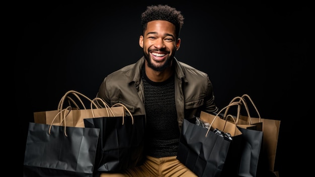 Foto homem sorridente feliz segurando sacos de compras em fundo preto