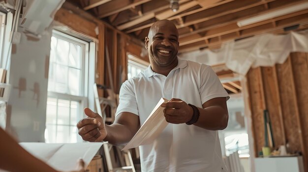 Foto homem sorridente lendo um documento em uma sala de construção iluminada pelo sol. vestuário casual, humor alegre, projeto de renovação de casa, ia.