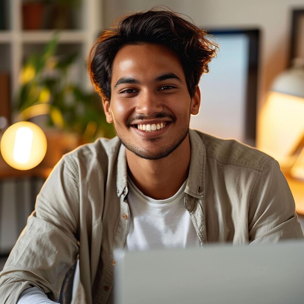 Homem sorridente no computador portátil