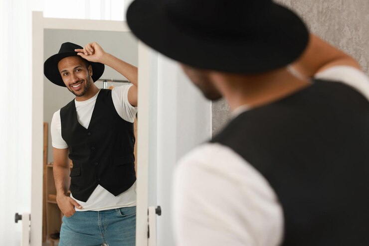 Foto homem sorridente olhando para o espelho em casa