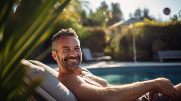 Homem sorridente relaxa em um resort caro com piscina privativa ao fundo