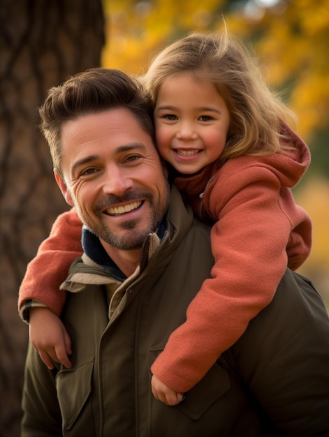 Homem sorridente segurando uma menina em seus ombros generativo ai