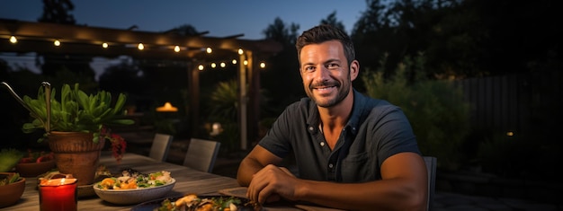 Homem sorridente sentado à mesa durante uma festa noturna ao ar livre no quintal de uma casa