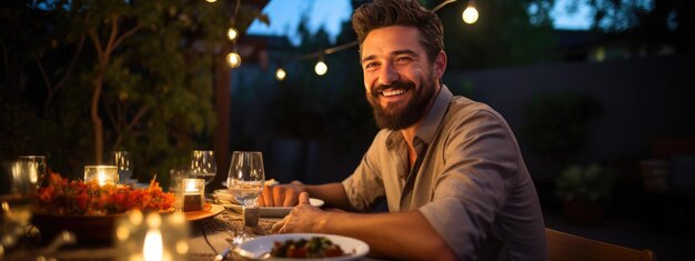 Homem sorridente sentado à mesa durante uma festa noturna ao ar livre no quintal de uma casa