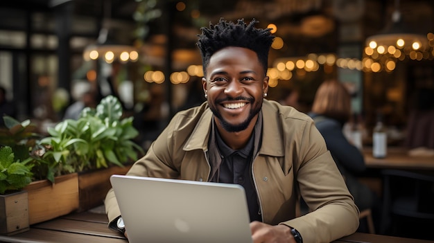 homem sorridente sentado em uma mesa com um laptop IA generativa