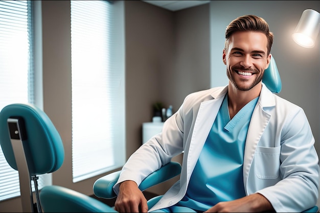 Foto homem sorridente sentado na cadeira dentária