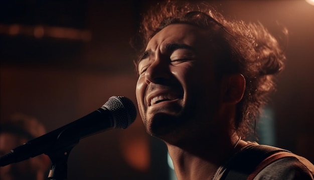 Homem sorridente toca rock no palco gerado por IA