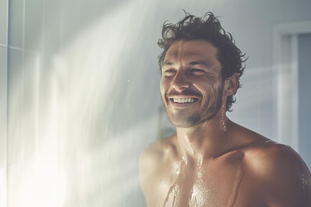 Homem sorridente tomando banho em um banheiro branco pela manhã